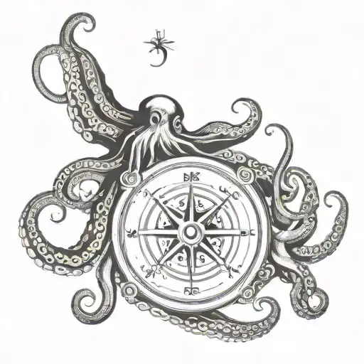 Whole Octopus And Old Compass Surrounded By Tentacles