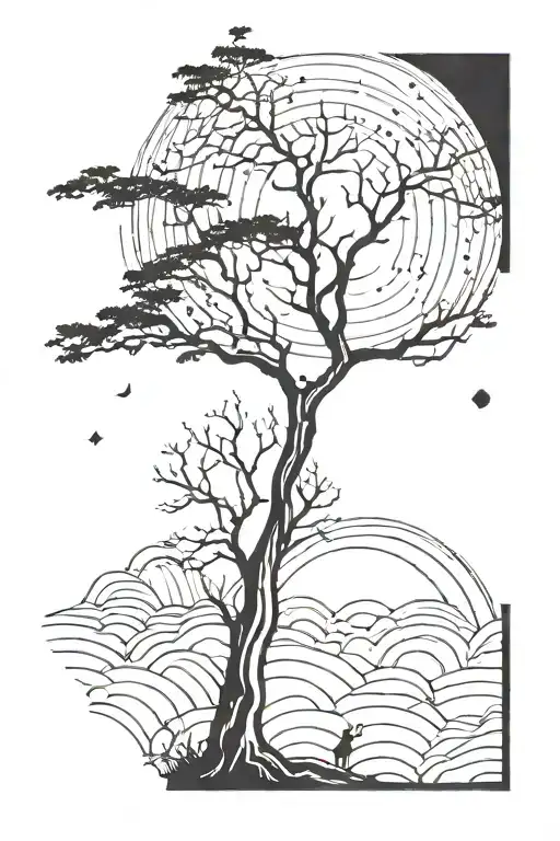 Skinny Tall Lifeless Tree With Small Moon In The Background