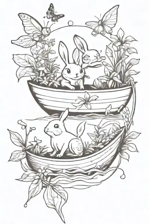 Fairy Bunny And Fairy Frog On A Boat With Plants And Flowers