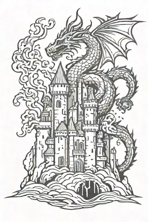 Medieval Castle And Dragon Breathing Fire