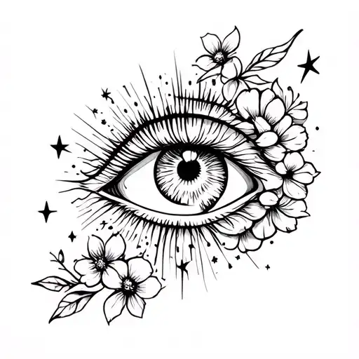 Mythical Sleeve With Flowers And Stars Add In An Eye With Like Sun Beams Off Of It