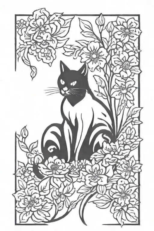 Black Cat Sitting In Flowers