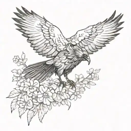 Raven With Wing Out And Flowers