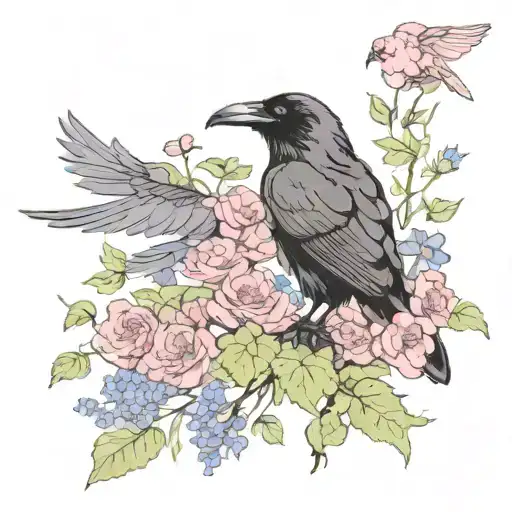 Raven With Wing Out And Flowers