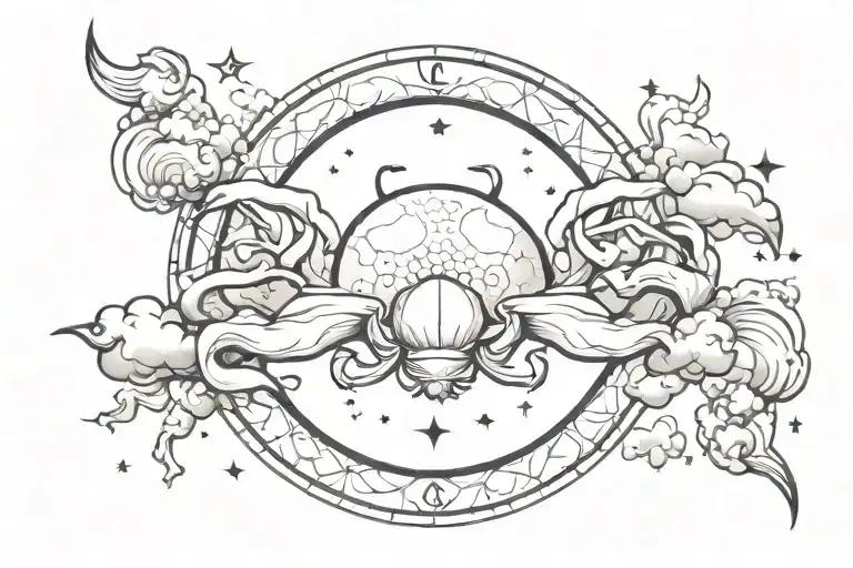 Big Astrology Cancer Zodiac Tattoo On The As Cheeks With A Lot Of Shading And Clouds