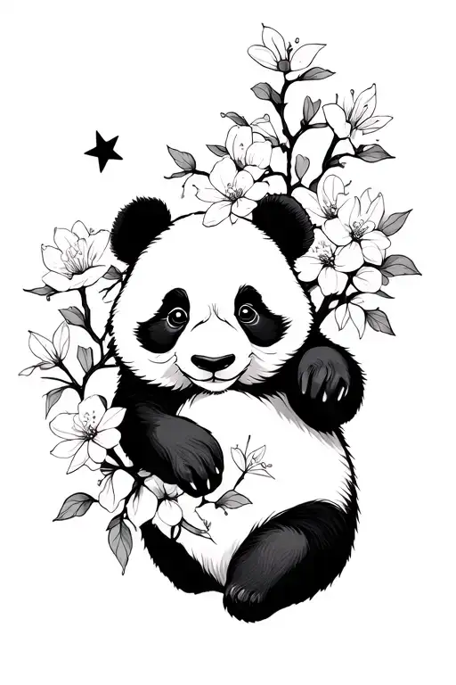 Panda And Cherry Blossoms And Stars In Black And White