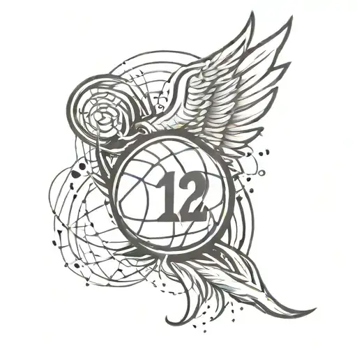 A Unique Tattoo Design Combining An Angel Wings Motif With Basketball Elements And The Number 12