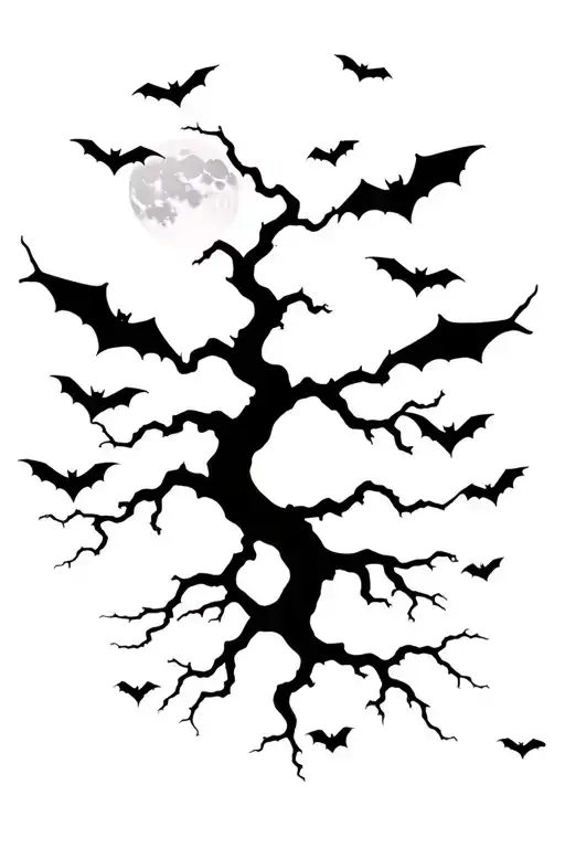 Poison Tree With Bats Flying Across And A Moon Rising