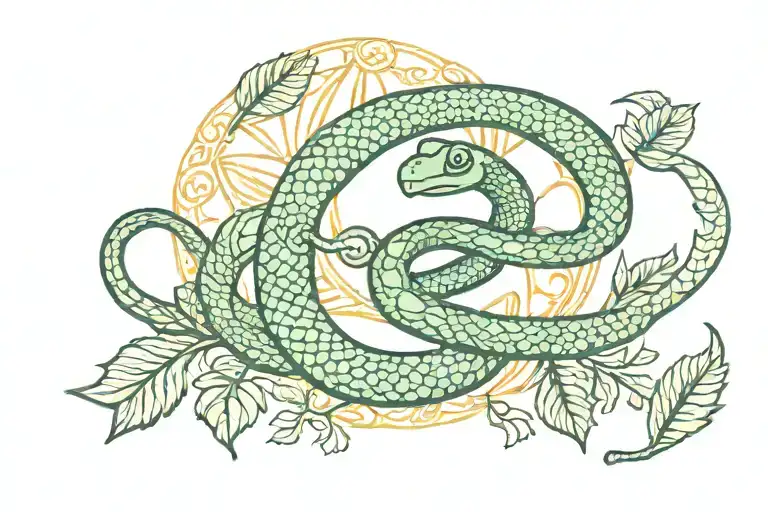 Snake And Sun And Leaves Intertwined