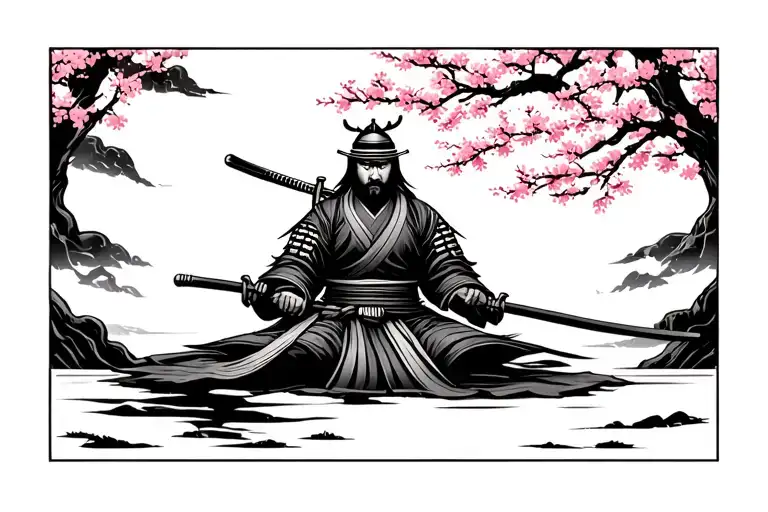 Samurai After A Battle Sitting Under Sakura