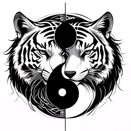 Incorporate A Tiger And Wolf In A Yin-yang Design With Intricate Calligraphy Surrounding Them