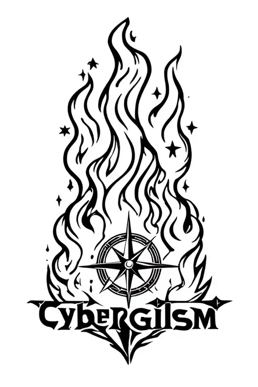 Cybersigilsm Flames Ouline With Stars And Compass Outline Cyber Sigilism