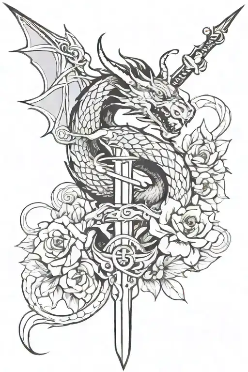 Dragon Intertwined With Flowers And Sword