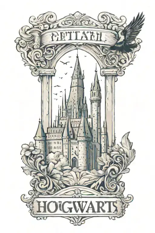 A Capital F With Hogwarts Castle In The Background And A Feather At The Bottom