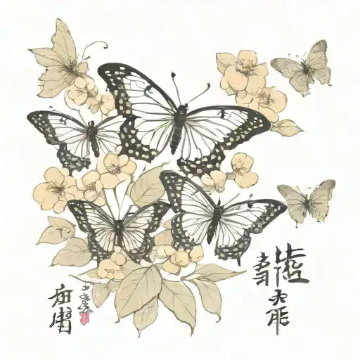Butterflies And Flowers And Chinese Writing