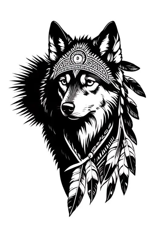 Indian Wolf With Feathers And Mandala Design Incorporating Elements