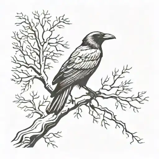 A Lone Raven Sitting On A Bracnh Watching Another Raven Fly Away