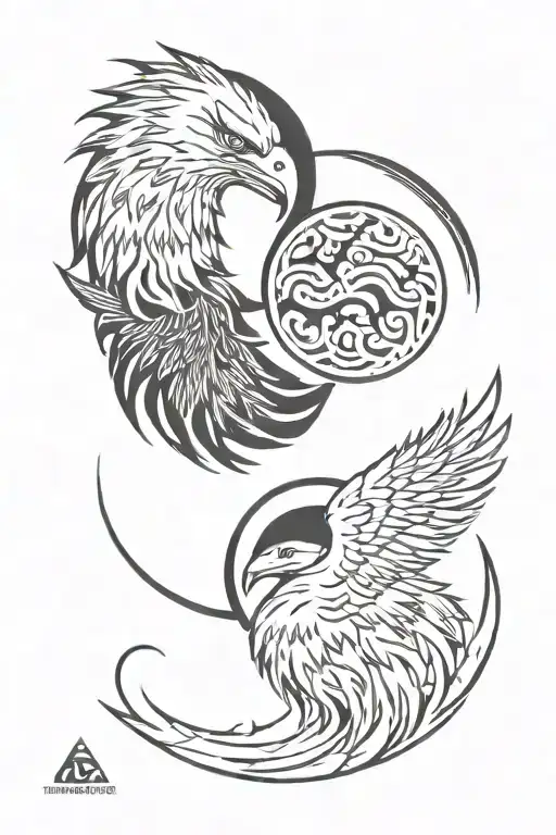 Ying And Yang Symbol With Eagle And Wolf