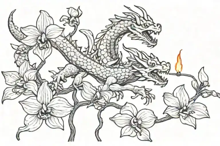 Flying Dragon Blowing Fire That Turns Into An Orchid Flowers