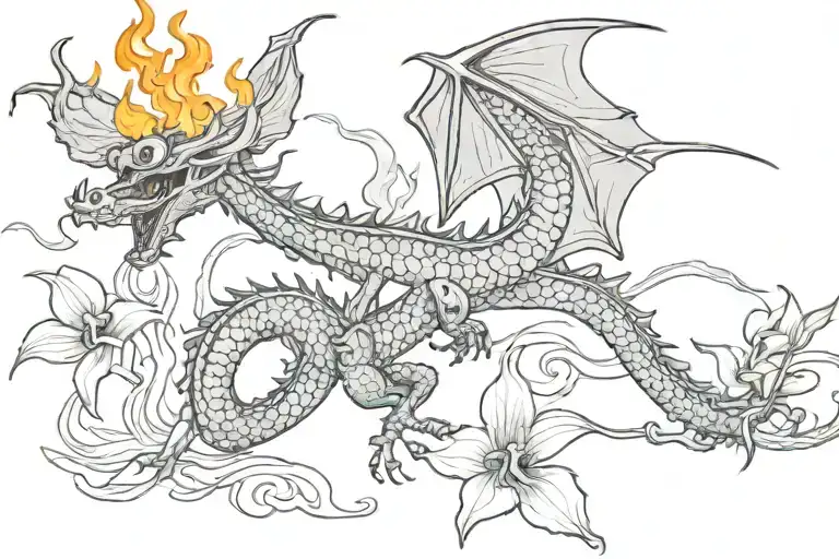 Flying Dragon Blowing Fire That Turns Into An Orchid Flowers