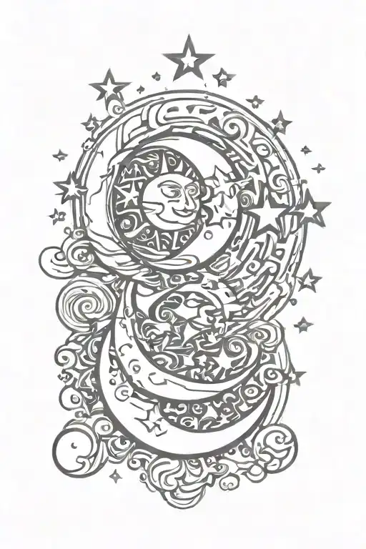 Spiritual And Psychedelic Moon And Stars Pattern In Graffiti And Sketch Style