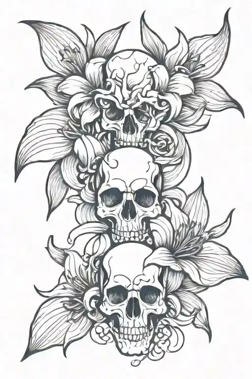 Skulls And Lily Flower Intertwined