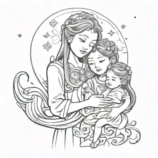Moon Daughter And Mother Holding Her