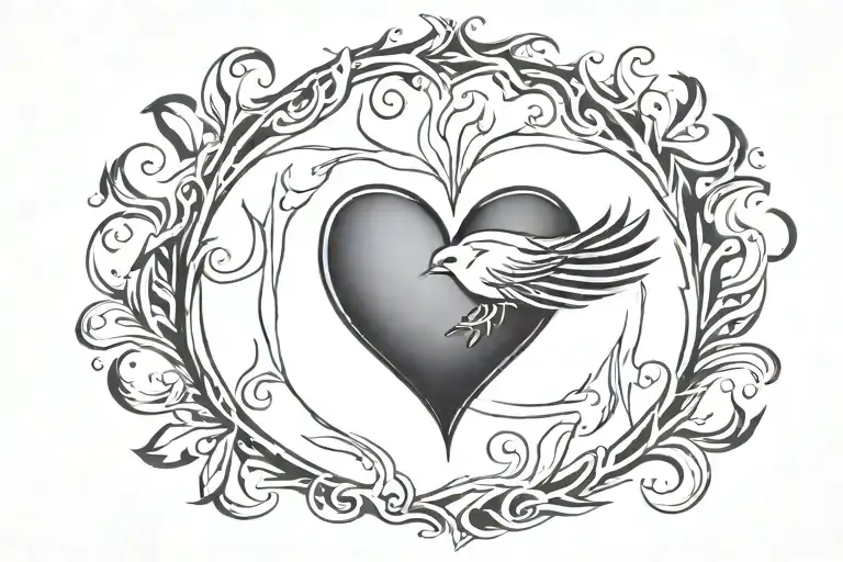 Black Heart Surrounded By Fire And Little Bird Flying Away