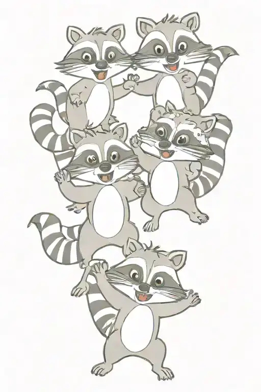 4 Cartoon Racoons Playing Together