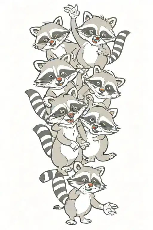 4 Cartoon Racoons Playing Together