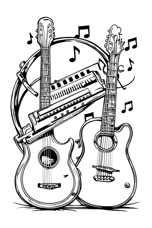 Hand Pan And Guitar And Harmonica Intertwined With Musical Notes