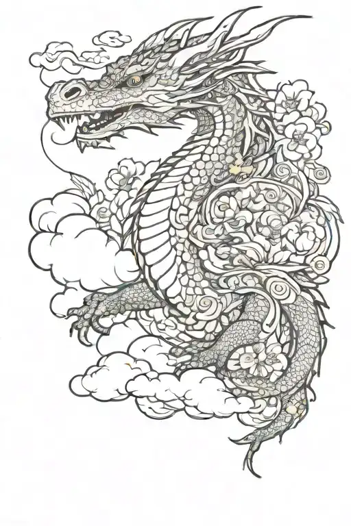 Dragon With Flowers And Clouds Surrounding