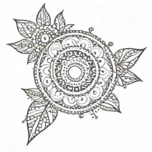 A Sun In Henna Style With Added Dots And Lines Coming Around It And Simplistic Flowers Included