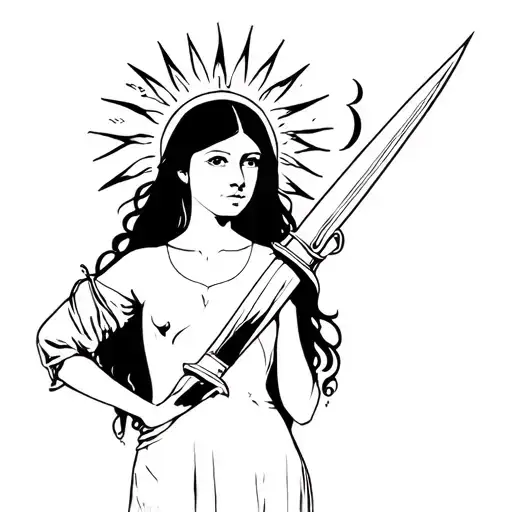 Girl With A Dagger In Her Hand And A Crescent And Sun Above Her Head