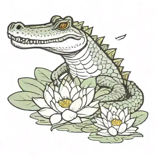 Crocodile Surrounded By Lotus Flower Blooming