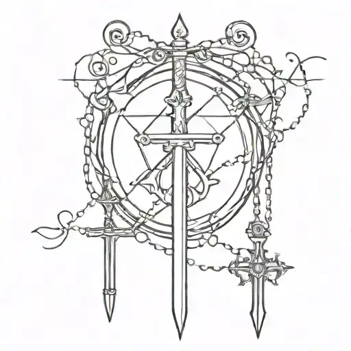 Delicate Chains With A Sword Hanging Stars And Sigil Style Forms On Top