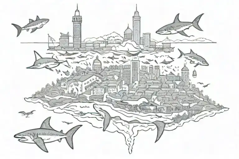 Detailed City Of San Jose Califirnia With Sharks Prowling In The Ocean On Bottom Of The City