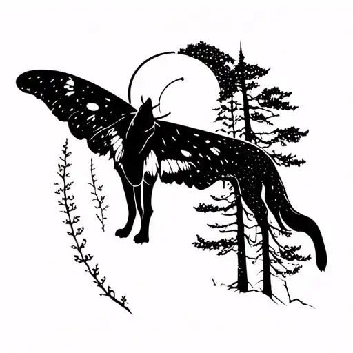 Wolf Howling Between Trees And Moon Moth