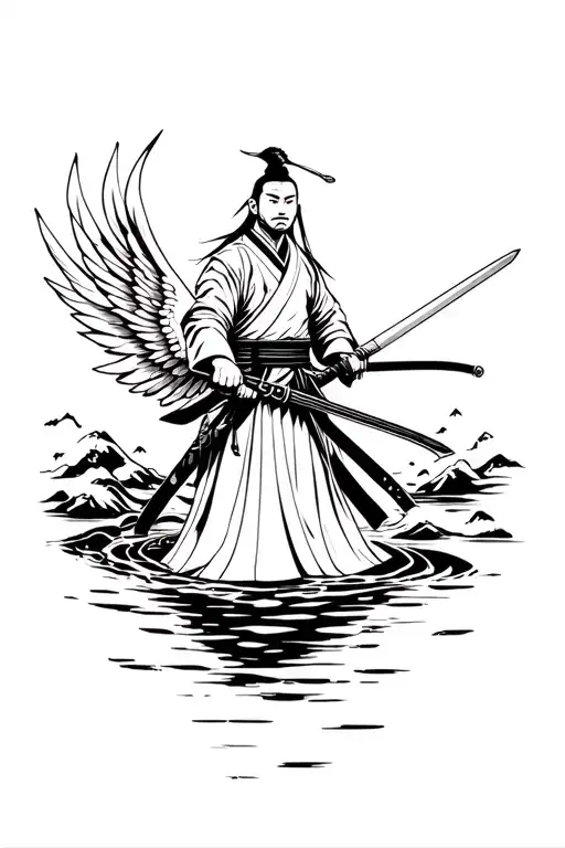 Japanese Samurai With His Winged Sword Of A River