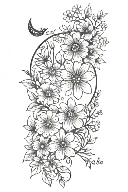 Half Moon And Flowers Intertwined With The Name Ayla Pace