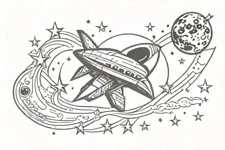 Moon With Stars And Spaceship Traveling