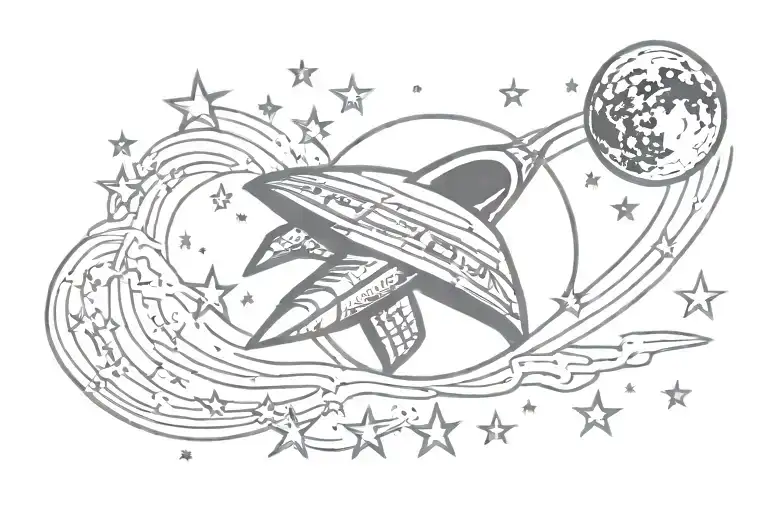 Moon With Stars And Spaceship Traveling