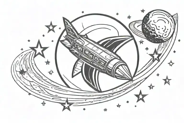 Moon With Stars And Spaceship