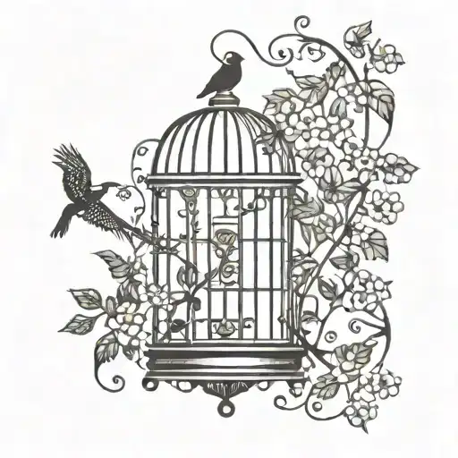 Bird Cage With Long Wisterias Flowers And Ivy Vines