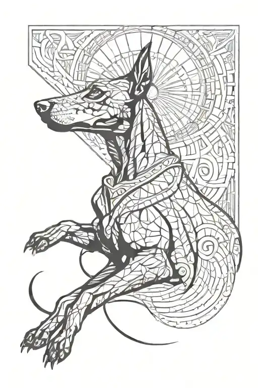 Doberman With Scales On Which The Moon And The Sun Are Balanced