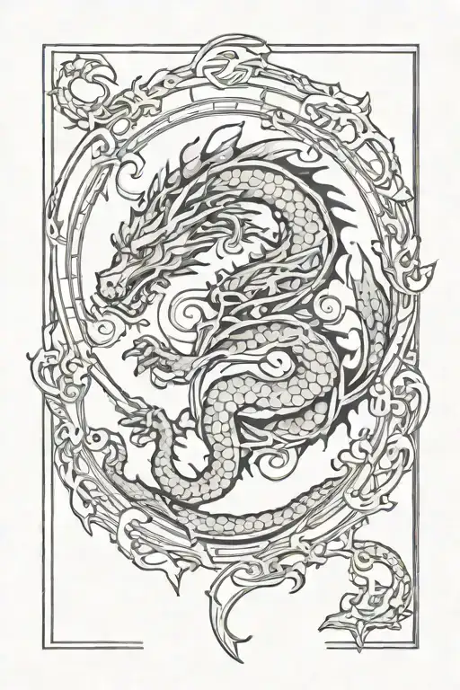 Black Line Medieval Dragon Tattoo Circular On Person