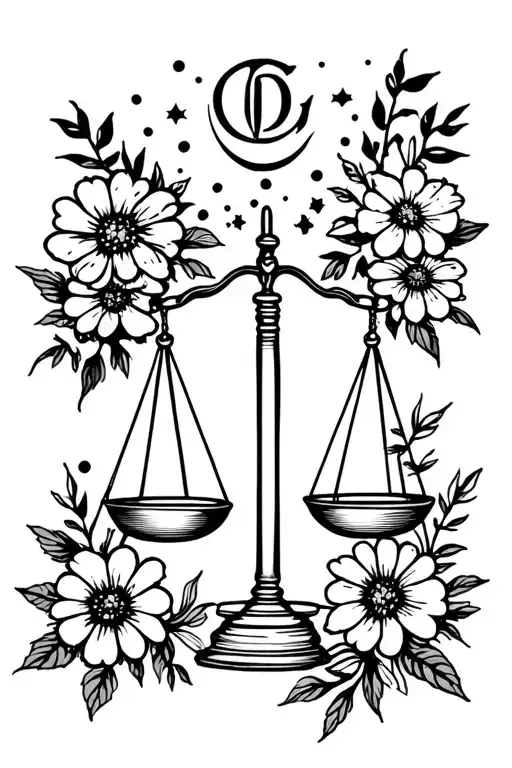 Libra Scales With Cosmos And Marigold Flowers And Libra Symbol