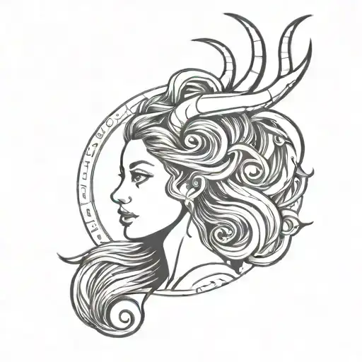 Beautiful Goddess With Long Black Hair And Aries Horns In Her Head