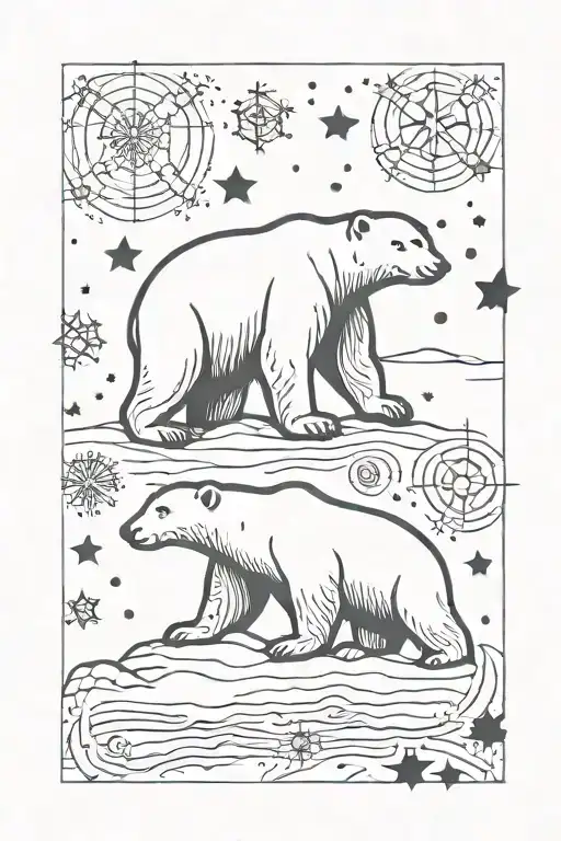 Polar Bear Around Stars And Snow Flakes