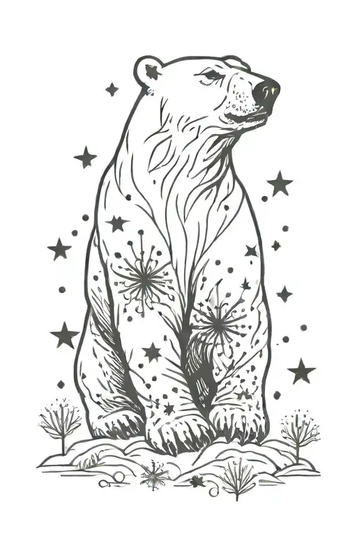 Polar Bear Surrounded By Stars And Snow Flakes